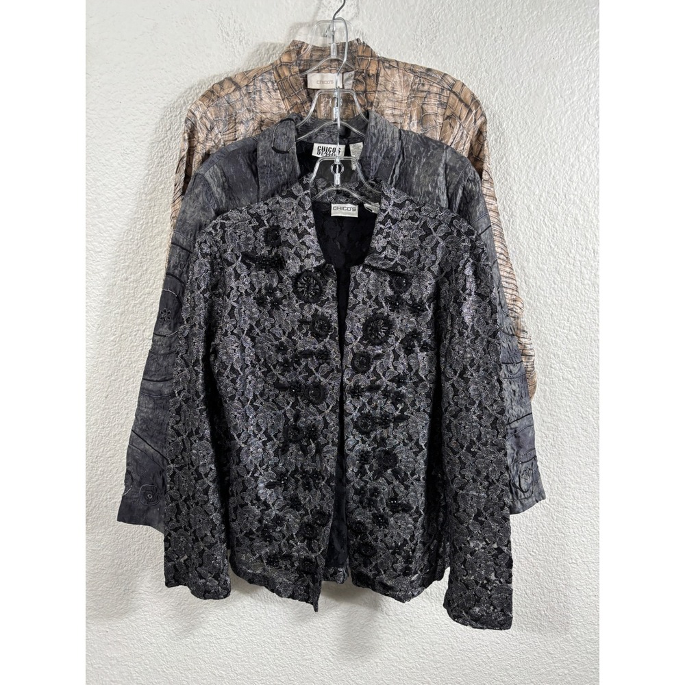 Chicos Lot of 3 Jackets Womens Size 0 Black Lace Beaded Gray Animal Print‎